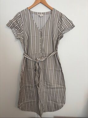 LOFT Outlet Striped V-Neck Tie-Waist Mini Dress in Beige, White, and Black